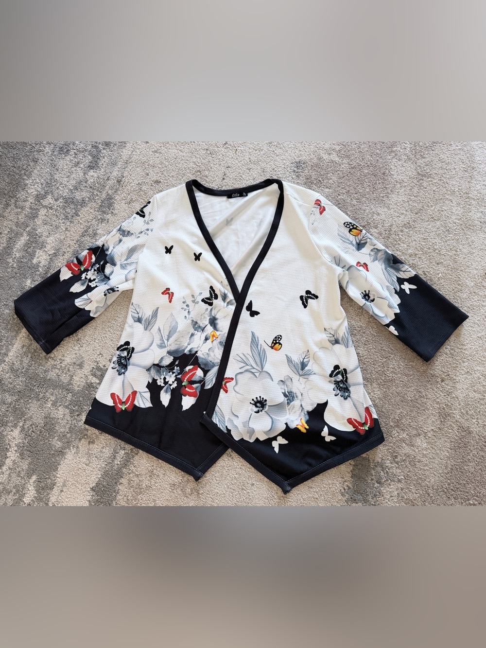 Lily White Floral & Butterfly Wrap-Style Tunic with Black Trim